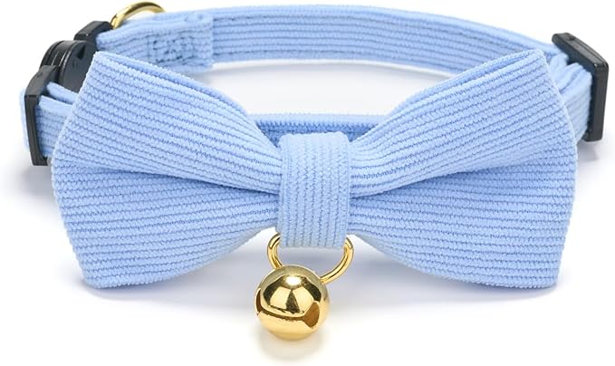 Soft Corduroy Cat Collar with Bell and Bowtie, Safety Breakaway Clasp, Adjustable for Kitten and Cats Blue Color.