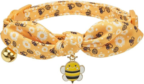 2 Pack Cotton Cat Collar, Removable Bowtie, Floral Pattern, Safety Breakaway Clasp, Adjustable for Cats.(Adult Cat, Bee+Strawberry)