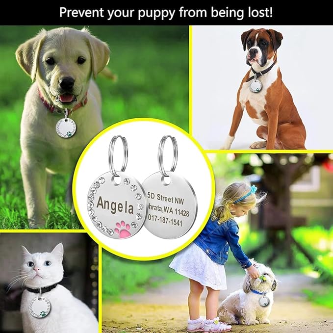 Personalized Dog/Cat Cute Paw Pet ID Tag for Pet Collar or Key Chain - Custom Laser Engraved Unique Dog/cat Name tag with Phone Number (Pink, Crystals Round-Small)