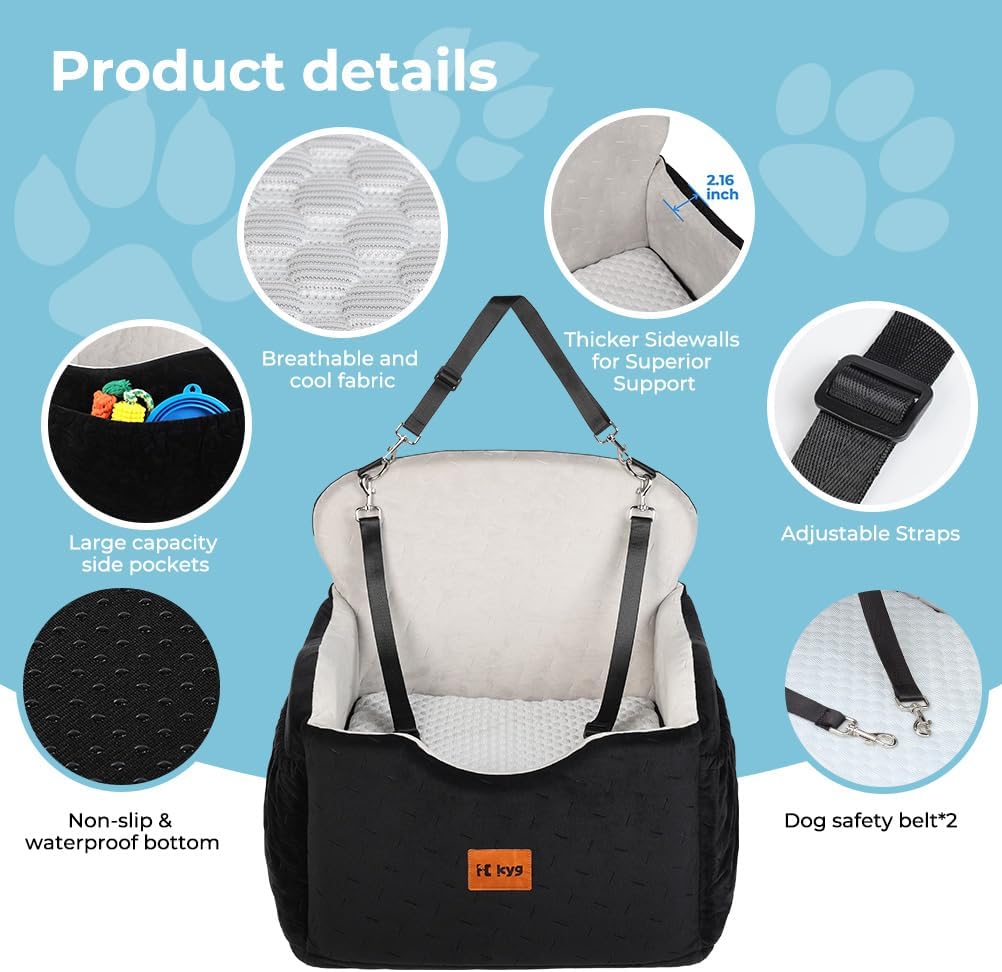 KYG Dog Car Seat for Small/Medium Dogs Under 35lbs | Waterproof, Non-Slip, Memory Foam, Harness, Removable Washable Cover, Storage Pockets, 2 Cushions (Warm/Cool)