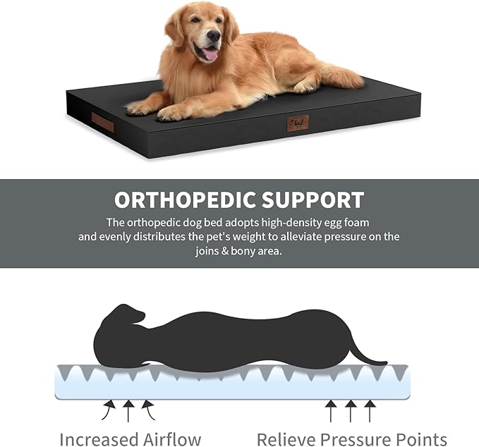 Outdoor Extra Large Dog Crate Bed, XXL Waterproof Dog Bed for Giant Breeds Dogs, 47x29 Inch Orthopedic Egg Crate Foam Pet Mat with Removable Cooling Cover, Black