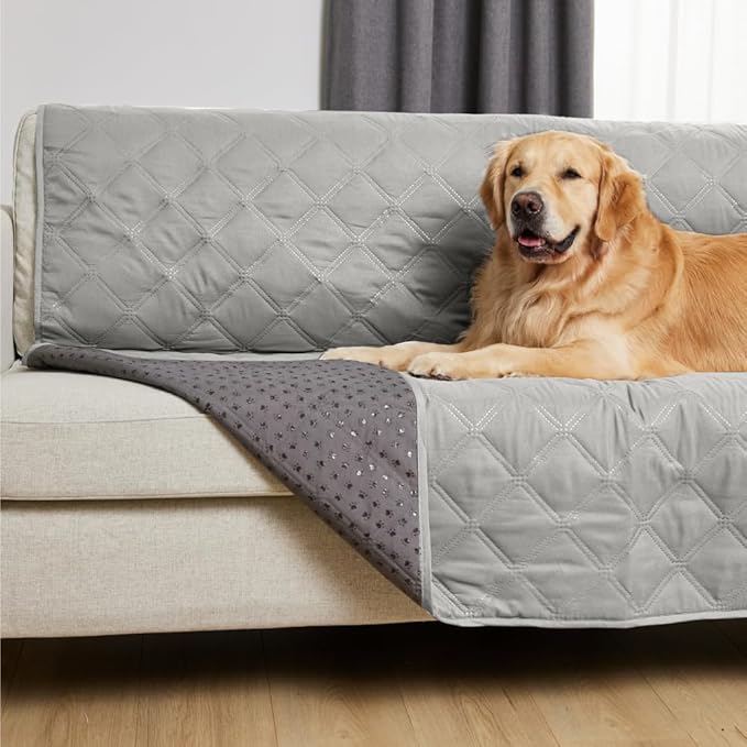 GORILLA GRIP Waterproof Bed Cover for Dogs, 82x68, Gripped Slip Resistant Backing, Leak Proof Washable Dog Blanket Covers Sofa, Couch, Sectional, Crate, Car, RV Seats, Pet Puppy Essentials, Light Gray