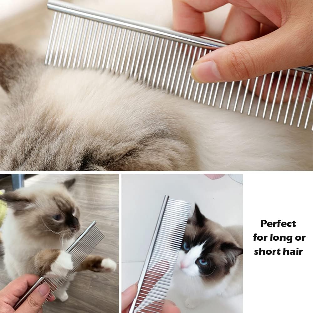Dog Combs for Grooming, 2 Pack Metal Dog Comb with Rounded Teeth, Stainless Steel Cat Comb for Removing Tangles and Knots for Dogs and Cats