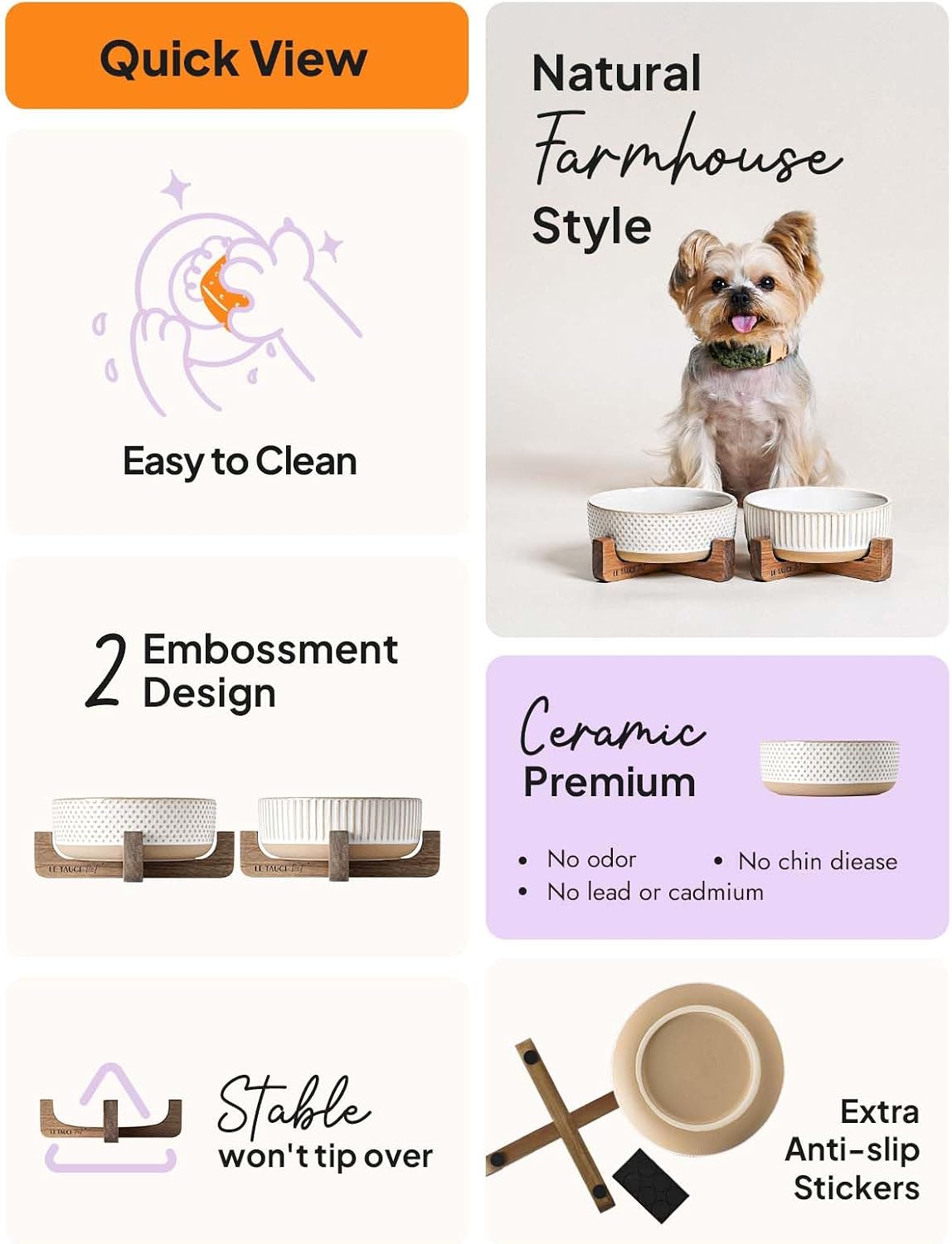 Ceramic Dog and Cat Bowl Set with Acacia Wood Stand - 2 Cup Weighted Non-Slip Food and Water Bowls for Small Dogs & Cats, Lines + Dot