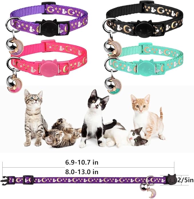 4PCS Cat Collar with Bells,Breakaway Cat Collars,Kitten Collar with Bell Moons Stars Cute Kitty Safe with Pendant,Cat Collars for Girl Cats 6.9-10.7 Inch(Black&Purple&Pink&Teal)