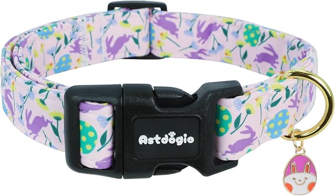 Easter Dog Collar, Spring Easter Egg Print Dog Collar with Purple Rabbit, Adjustable Cotton Puppy Collars Girl Boy Collar for Small Medium Large Dogs -L