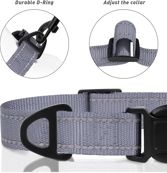 TagME Reflective Nylon Dog Collars, Adjustable Classic Pet Collar with Quick Release Buckle for Extra Small Dogs, Grey, 5/8" Width