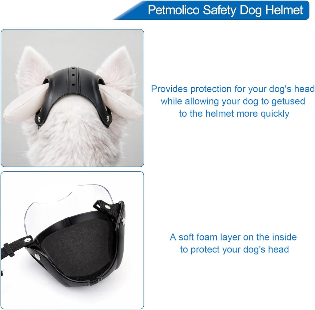 Petmolico Dog Helmet with Goggles Anti-UV Adjustable for Small Dogs Outdoor | Durable ABS shell with soft inner padding, ear holes for comfort, clear drop-down visor, ideal for biking, hiking & travel