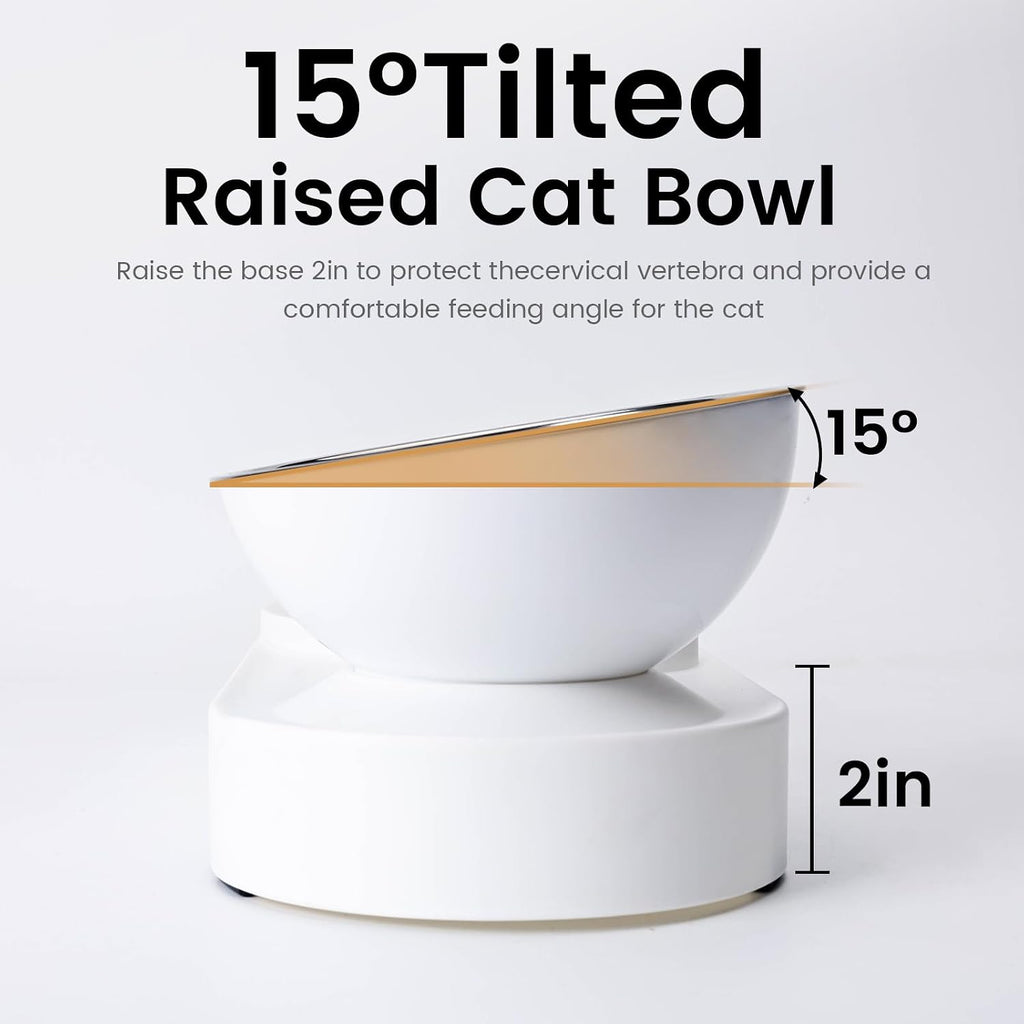 2 in 1 Elevated Dog Cat Bowls, 15°Tilted Pets Water and Food Bowl Set, Pet Feeding Bowls with Automatic Water Bottle and Feeding Mat for Kittens and Small Dogs, White