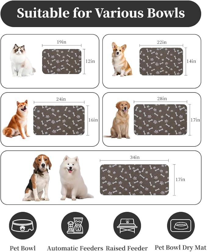 MontVoo Dog Food Mat-Large Pet Feeding Mat for Food and Water-No Stains Quick Dry Dispenser Cat Bowl Mat for Messy Drinkers(23"X34" Brown)