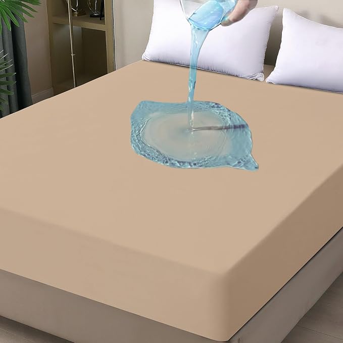 Twin Mattress Protector Waterproof, Fitted Sheet Style Breathable Mattress Cover with Deep Pocket Fits Up to 18'', Noiseless Bed Cover for Kids Adults, Machine Washable (Light Tan, 39'' X 75'')