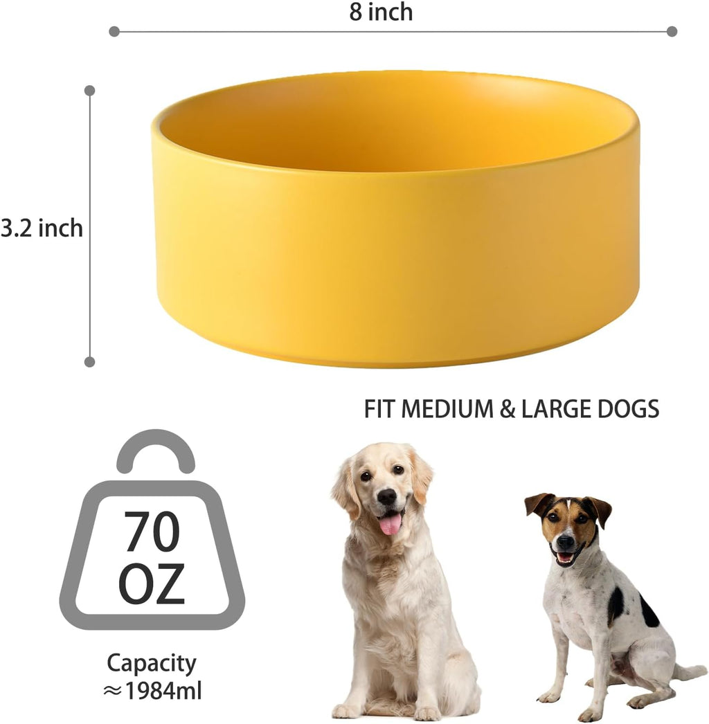8'' Ceramic Dog Bowl - 70Oz Classic Dogs Food & Water Bowl for Medium and Large Breeds, Heavy-Duty Non-Slip Dog Dish, Food Grade Stoneware Pet Bowl, Dishwasher & Microwave Safe, Yellow