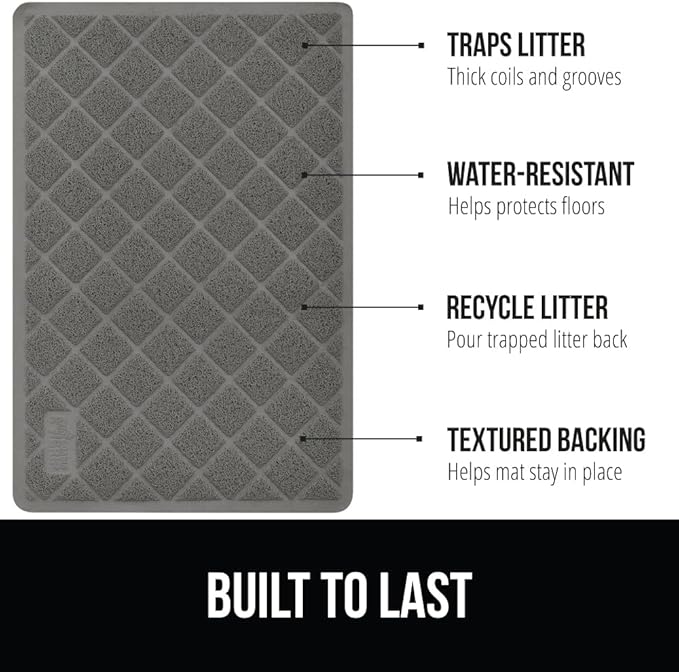 GORILLA GRIP Cat Litter Box Mat, Water Resistant, US Designed Kitty Litter Trapping Mats, Easy to Clean, Scatter Control, Less Mess and Clean Floors, Kitten Supplies for Indoor Cats, 17x11 Grey