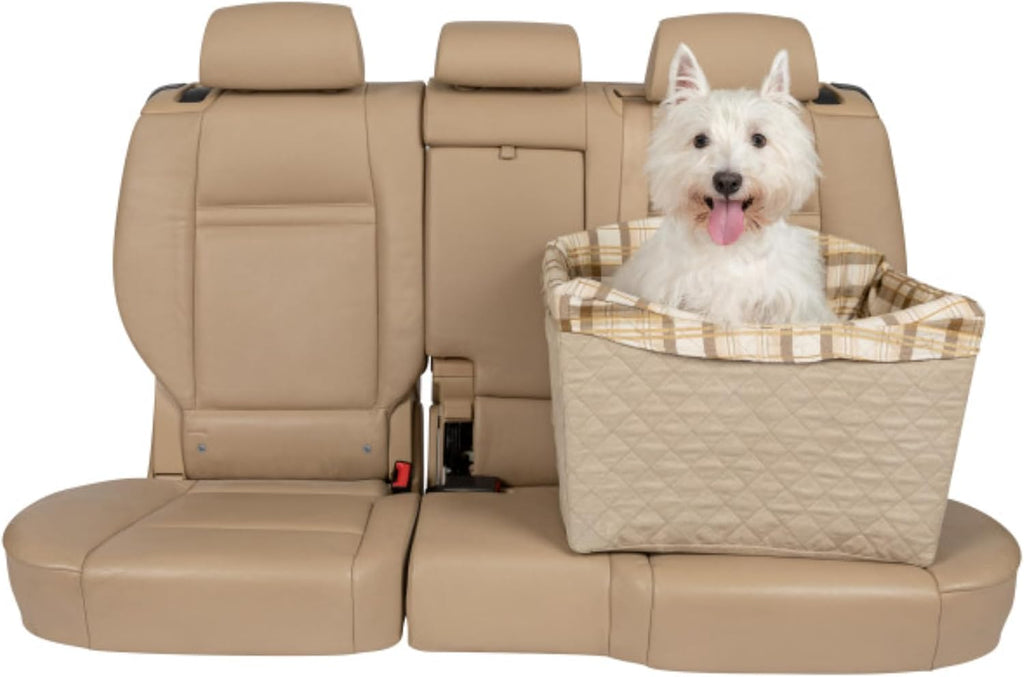 PetSafe Happy Ride Dog Safety Seat - Pet Booster Seat for Cars, Trucks and 4X4s - Included Seat Belt Tether - Durable Liner is Machine-Washable and Easy to Clean - Quilted Tan