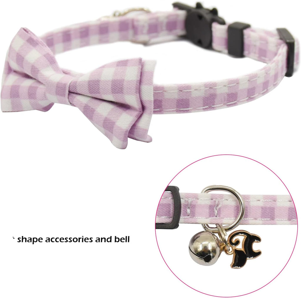 Bowtie Cat Collars Breakaway with Bell, Adjustable Cute Kitty Collars Safety Buckle Kitten Collar for Cat Puppy 7.5-11in (Purple Plaid)