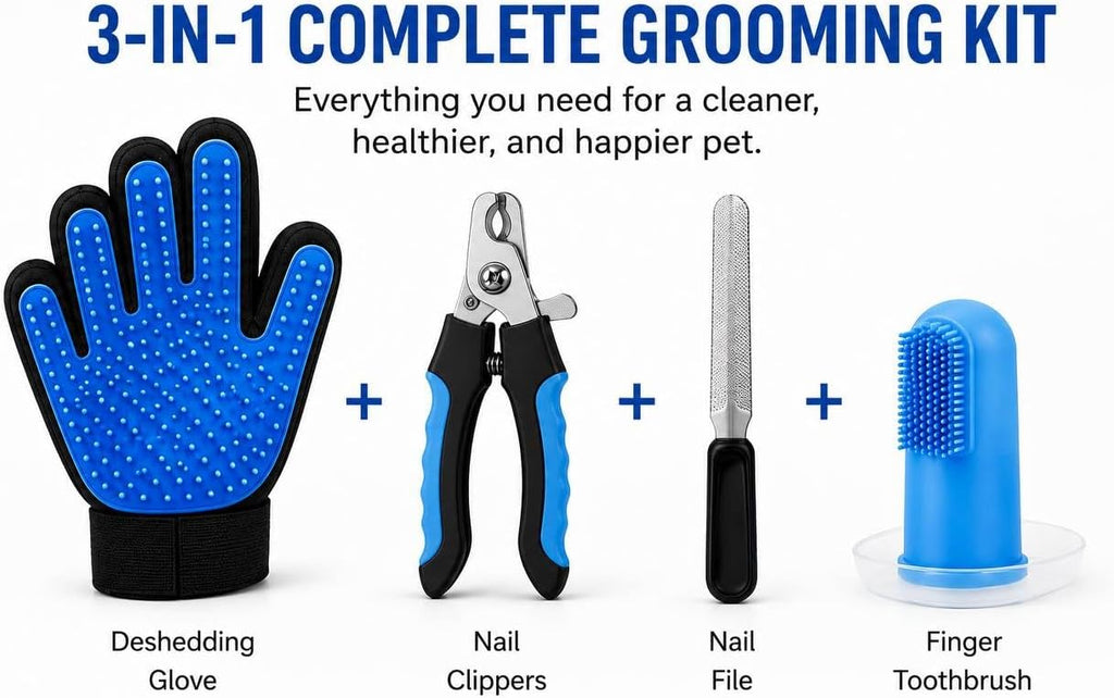 3-in-1 Pet Grooming Kit – Pet Deshedding Glove, 360° Silicone Finger Toothbrush, and Professional Dog Nail Clippers with File – Complete Grooming Set for Cats & Dogs with Short or Long Fur
