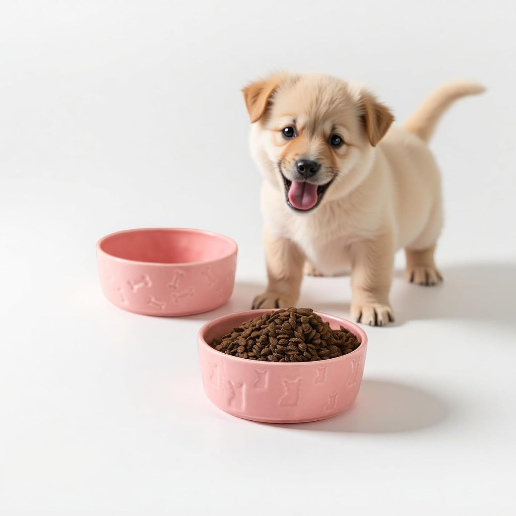 Pink Ceramic Dog Bowls, Set of 2, 5 Inch | For Food and Water, Small Size Dogs/Puppy, Cute Pet Dishes