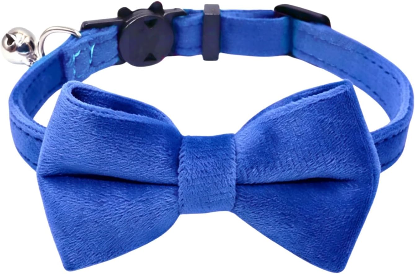 Cat Collar Breakaway with Bell and Removable Bow Tie Safety Buckle Velvet Adjustable 7-11 inches for Kitten Cats (Royal Blue)