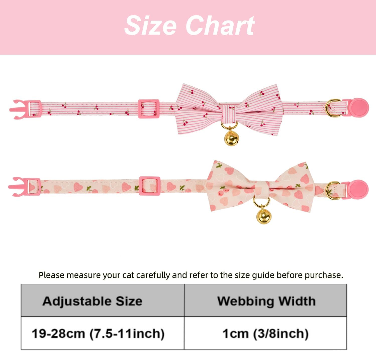 2 Pack Cat Collars with Bow Tie and Bell Adjustable Breakaway Pink Kitten Collar for Female Cats(Peach & Cherry)