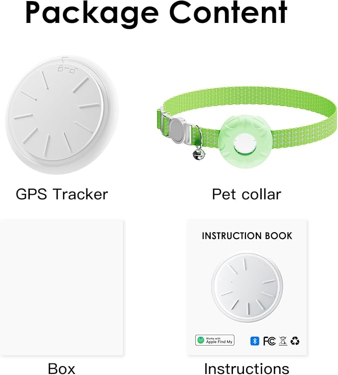 GPS Tracker for Cats, Cat Tracker, Compatible with Apple Find My App (Only iOS), No Monthly Fee, Waterproof, Breakaway Collar Included(White Tracker, Green Cat Collar)