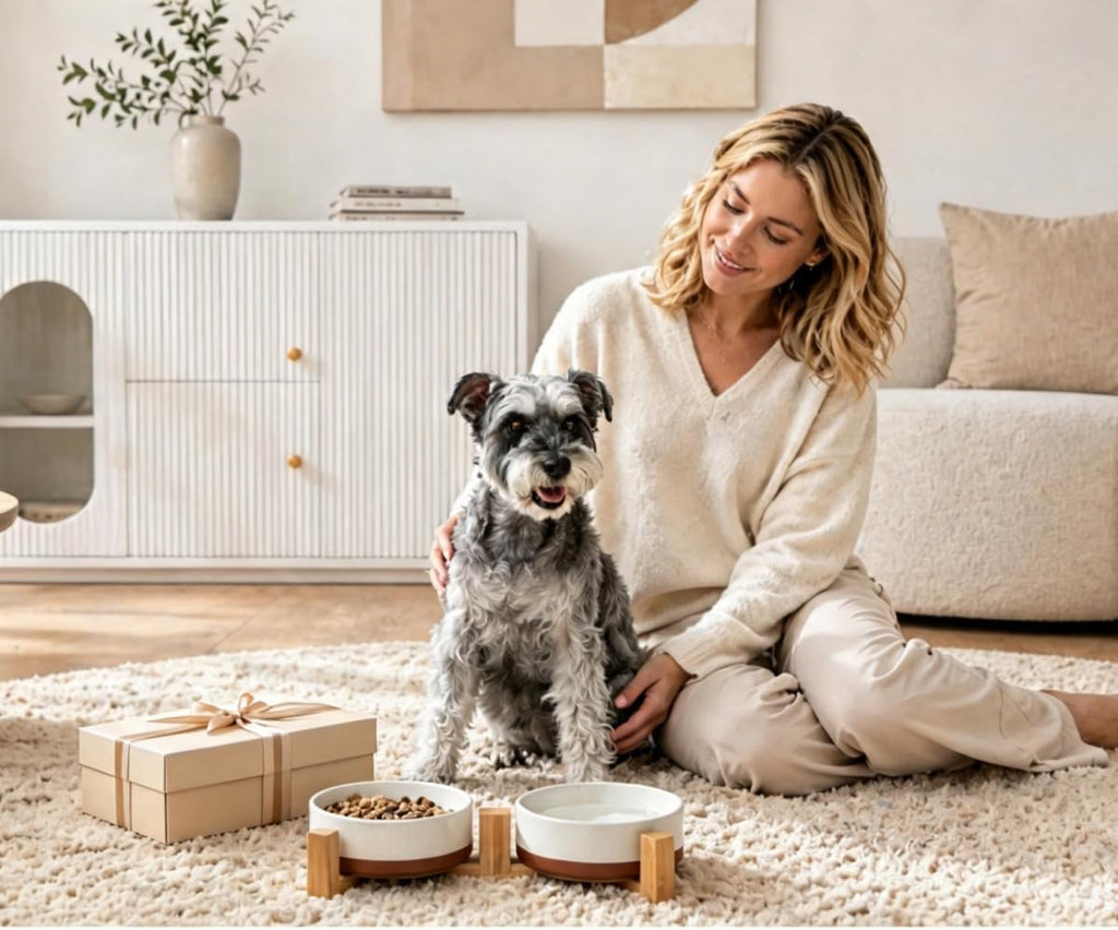 MALACASA Ceramic Dog Bowls Set with Wood Stand, 3.5 Cups Pet Bowls for Medium Dogs with Non-Slip Base, Large Puppies, Cats, Retrievers, ect.Pet Food & Water Basic Bowls Set, Weighted Glaze Matte.34 OZ