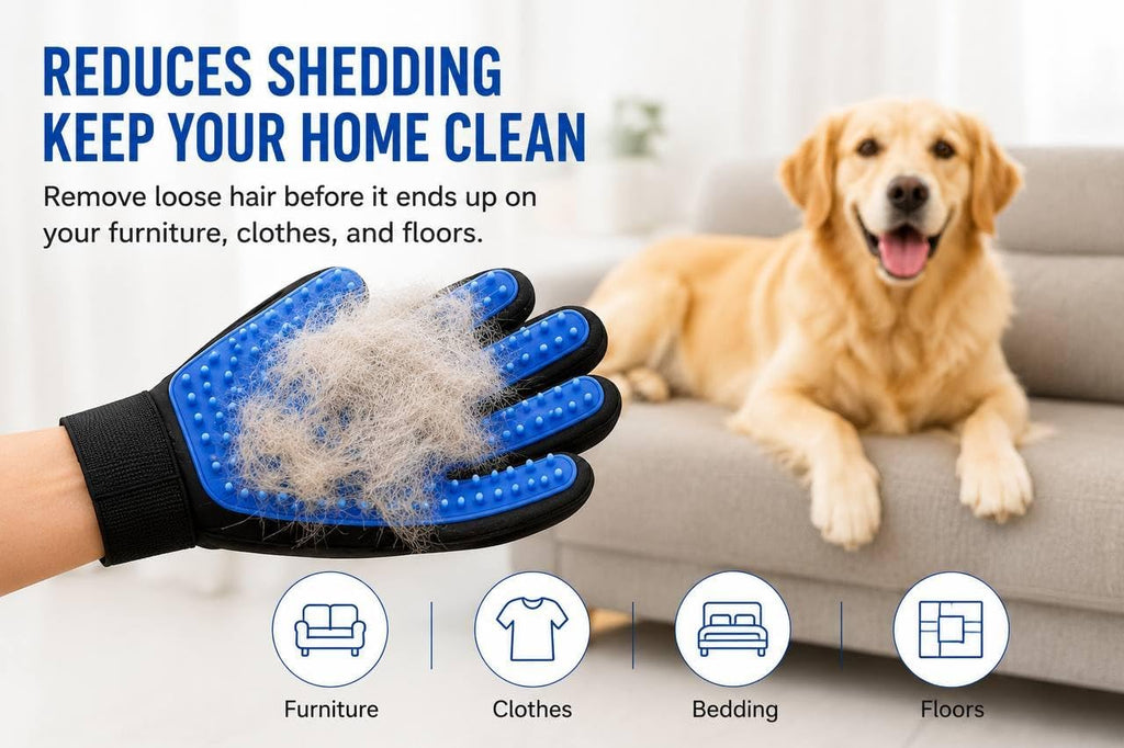3-in-1 Pet Grooming Kit – Pet Deshedding Glove, 360° Silicone Finger Toothbrush, and Professional Dog Nail Clippers with File – Complete Grooming Set for Cats & Dogs with Short or Long Fur