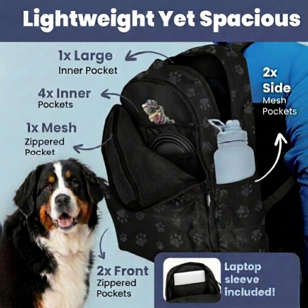Dog Travel Backpack for Supplies - Dog Diaper Bag with Travel Bowls | 2 BPA-Free Bowls; Food Container & Treat Pouch; Placemat; Laptop Sleeve; Poop Bag Dispenser, Hiking, Camping & Road Trips,