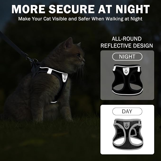 SCENEREAL Cat Harness and Leash Set for Walking Escape Proof, Adjustable Harness for Kitten Puppy Small Medium Large Cats, Reflective Soft Mesh Small Cat Harness, Comfort Fit, Easy Control