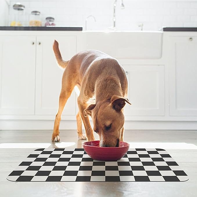 Checkered Dog Food Mat, Absorbent Leak-Proof Pet Feeding Mat, Quick Dry Cat Food Mat for Messy Drinkers 12" x 20" Black
