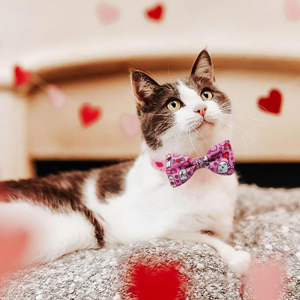 Valentine's Day Cat Collar with Bow Tie Bell & Charms BreakawayBack Heart and Pink Flowers for Male and Female Cats, Adjustable Holiday Kitten Collar for Boys & Girls