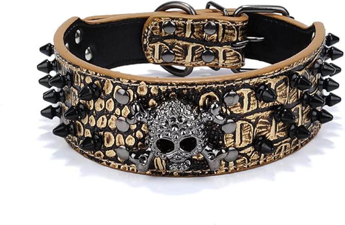 Serijoars Spiked Studded Dog Collar, PU Leather Dog Collar, Adjustable Pet Collars for Medium or Large Breed Pet (S, Gold Brown2)