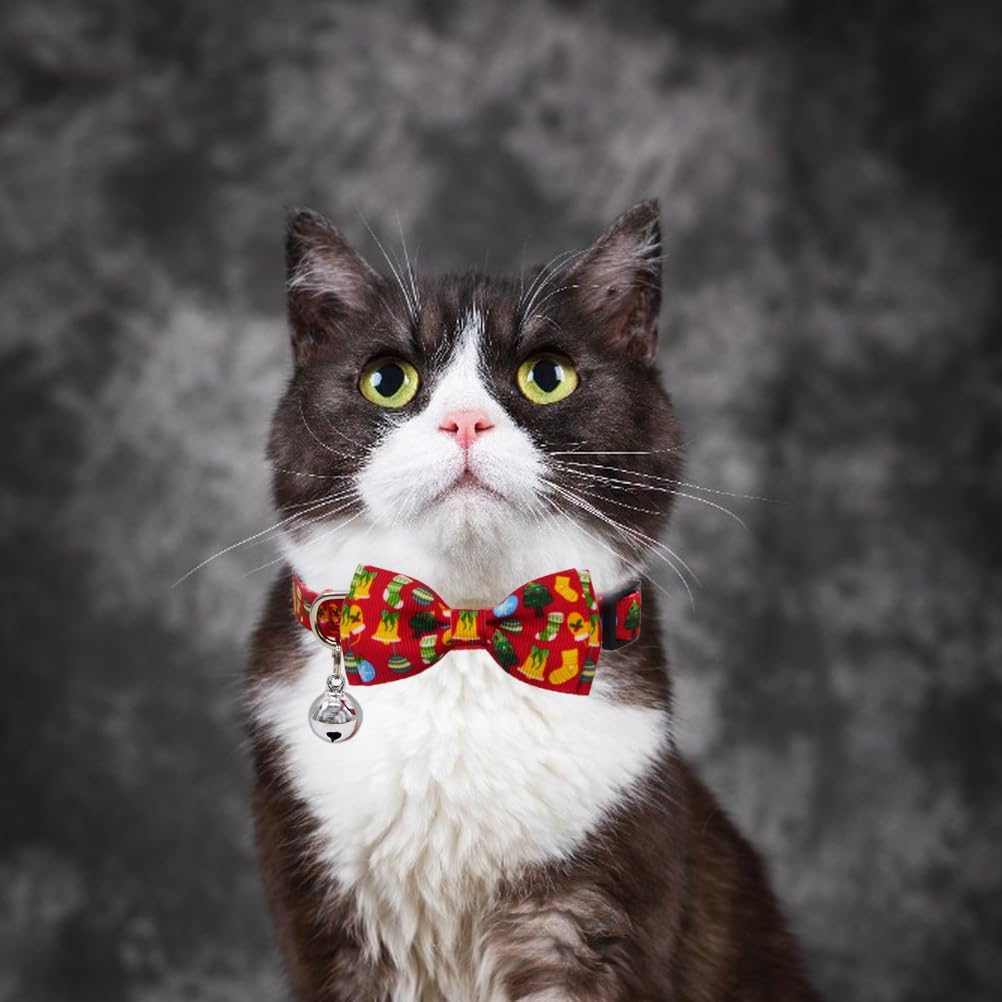2 Pack Christmas Cat Collar with Bow Tie and Bell X-mas Breakaway Kitten Collars with Bowtie Safety Red and Green