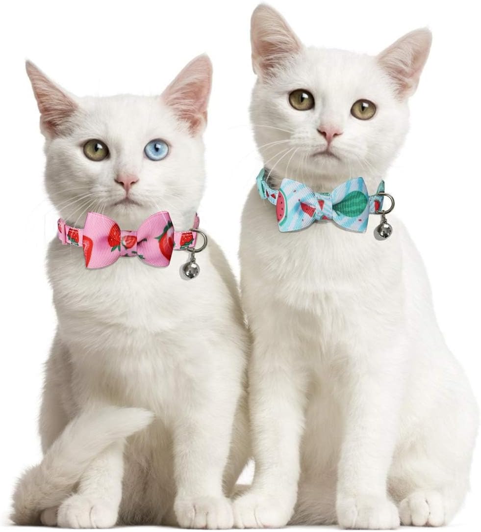 azuza 2 Pack Cat Collars with Bells, Safety Breakaway Buckle, Cute Fruits | Safety Breakaway Buckle, Removable Bell, 2 Pack Fruits Bowtie Design, Soft Nylon Material, Adjustable Fit for Boy Gir Cats