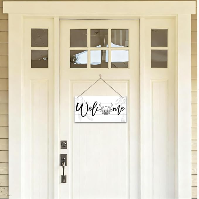 Welcome Sign for Front Door, Welcome Decor Wooden Hanging Sign, Unique Western and Bohemian style Wall Hanging Decor, Funny Wooden Outdoor Front Door Decoration 13.8X6.9 inches