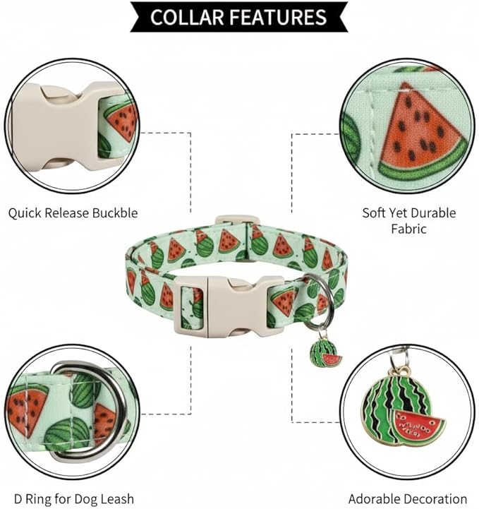 Summer Dog Collar for Medium Dogs, Cute Dog Collar with Watermelon Pattern and Pendant, Green Pet Collar with Soft Cotton Fabric and Robust Buckle