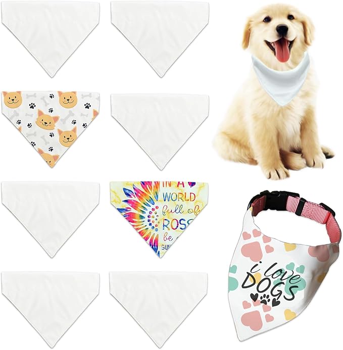 8 Packs Sublimation Blank Dog Bandana Over Collar, Pet Collar Slip-On Bandana Blank Customize White Polyester DIY for Dog Cat Extra Small, Small, Medium & Large (S)