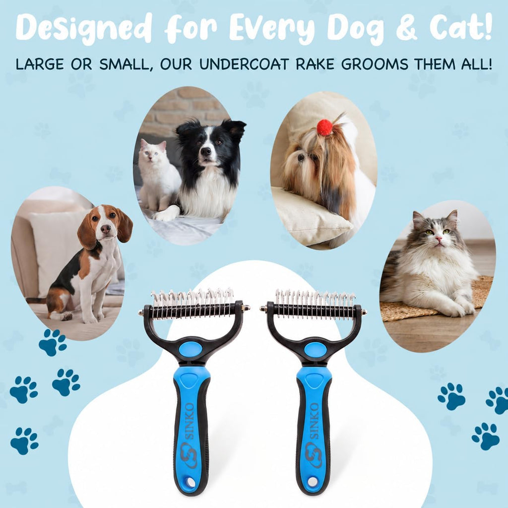 Sinko Shedding Brush For Dog and Cat, Grooming Brush with Extra Wide Double-Sided Stainless Teeth for Detangling, Deshedding, Brushing & Removing Shed Fur, Knots, Mats, and Tangles in Pets (Blue)