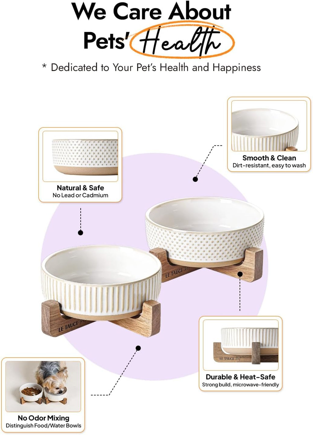 Ceramic Dog and Cat Bowl Set with Acacia Wood Stand - 2 Cup Weighted Non-Slip Food and Water Bowls for Small Dogs & Cats, Lines + Dot