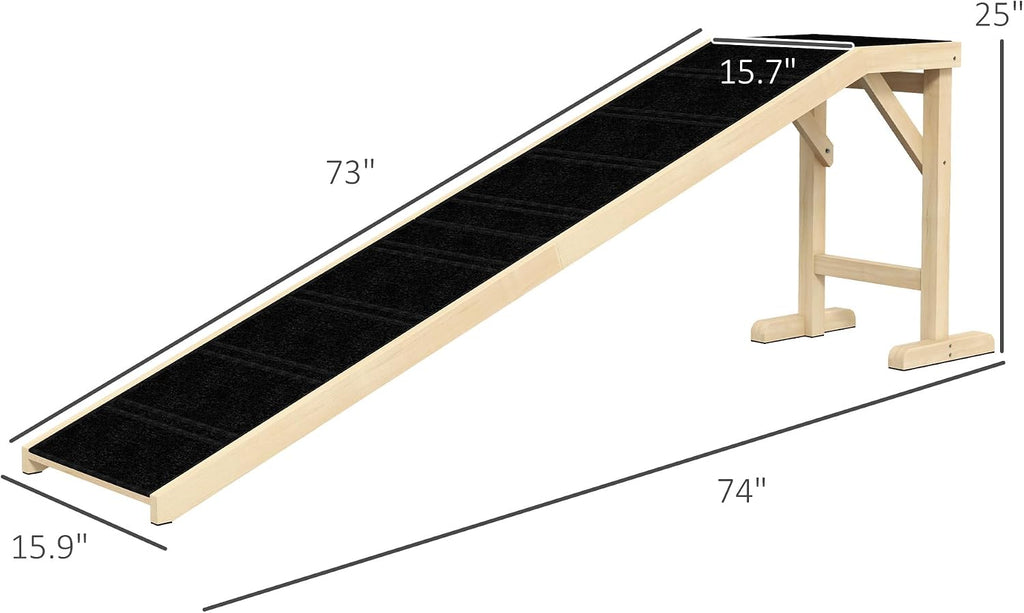 PawHut Dog Ramp for Bed, Pet Ramp for Dogs with Non-Slip Carpet and Top Platform, 74" x 16" x 25", Natural | Pet Ramp for Bed, Top Platform