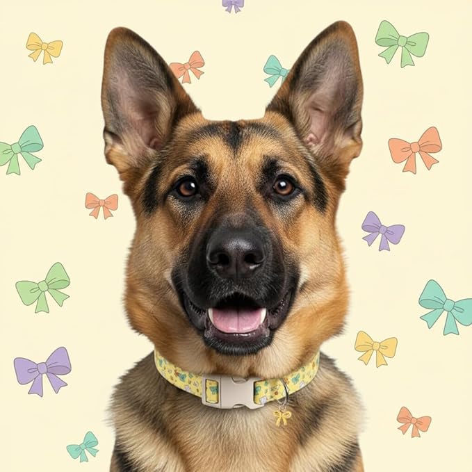 Cute Dog Collar with Yellow Bow Pattern, Girl Dog Collar for Small Dogs, Adjustable Spring/Summer Puppy Collar Made of Soft Fabric and Quick Release Buckle, S