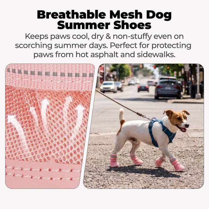 Breathable Mesh Boots for Dogs, Reflective Summer Puppy Booties | Adjustable, Anti Slip Paw Protectors for Hot Asphalt Sidewalk Walking, Pink, Size 1