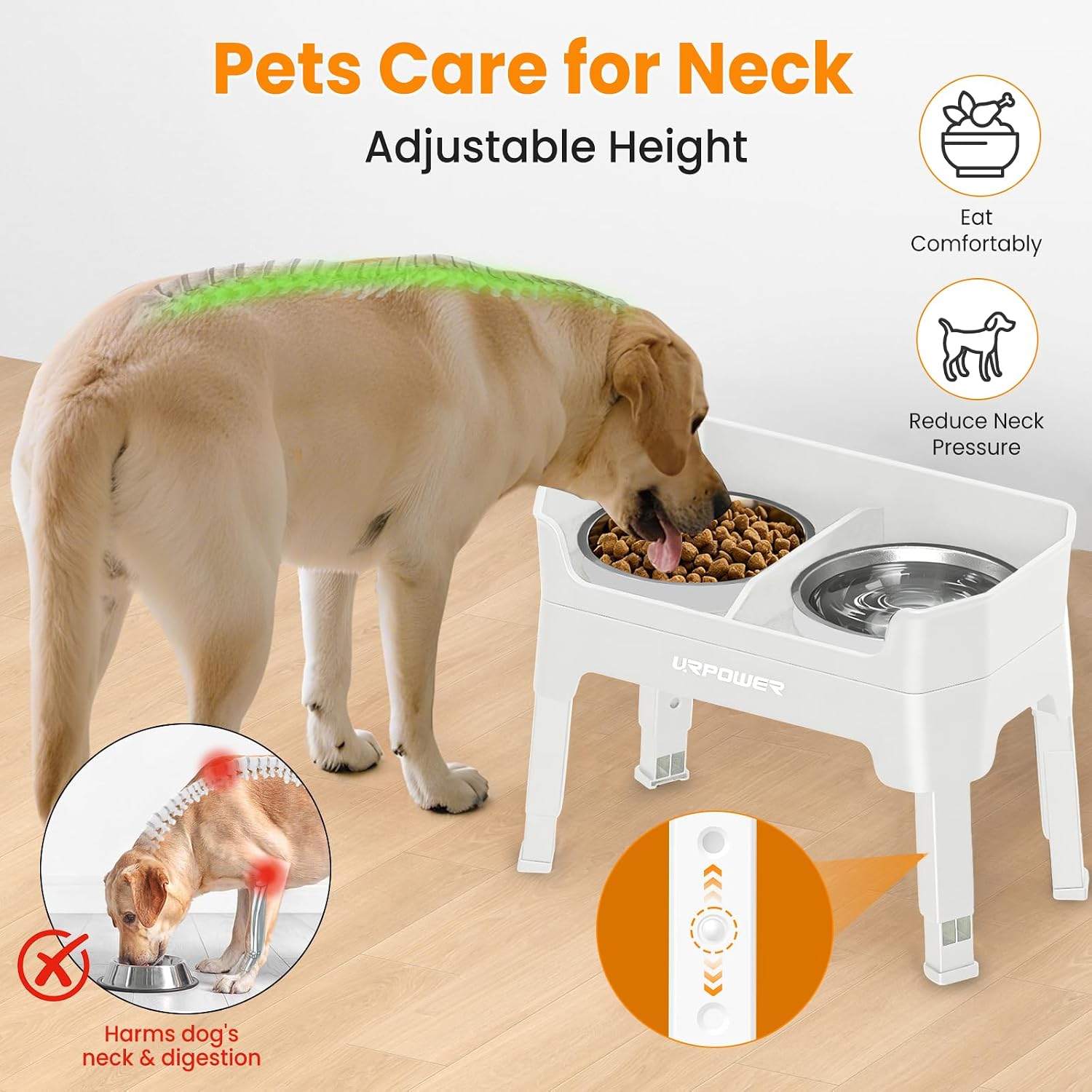 URPOWER Elevated Dog Bowls, 3-in-1 Double Deck Raised Dog Bowl Stand | 4 Height Adjustable Raised Stand with 2 Stainless Steel Food Bowls & Licking Plate for Small, Medium & Large Dogs