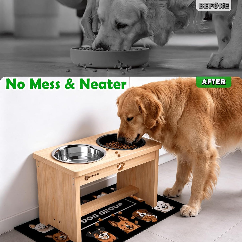 SHAINFUN Elevated Dog Bowls with Slow Feeder & Mat for Medium and Large Dogs, 10" Tall Wooden Raised Dog Bowl Stand, 2 Stainless Steel 58oz Bowls for Food & Water