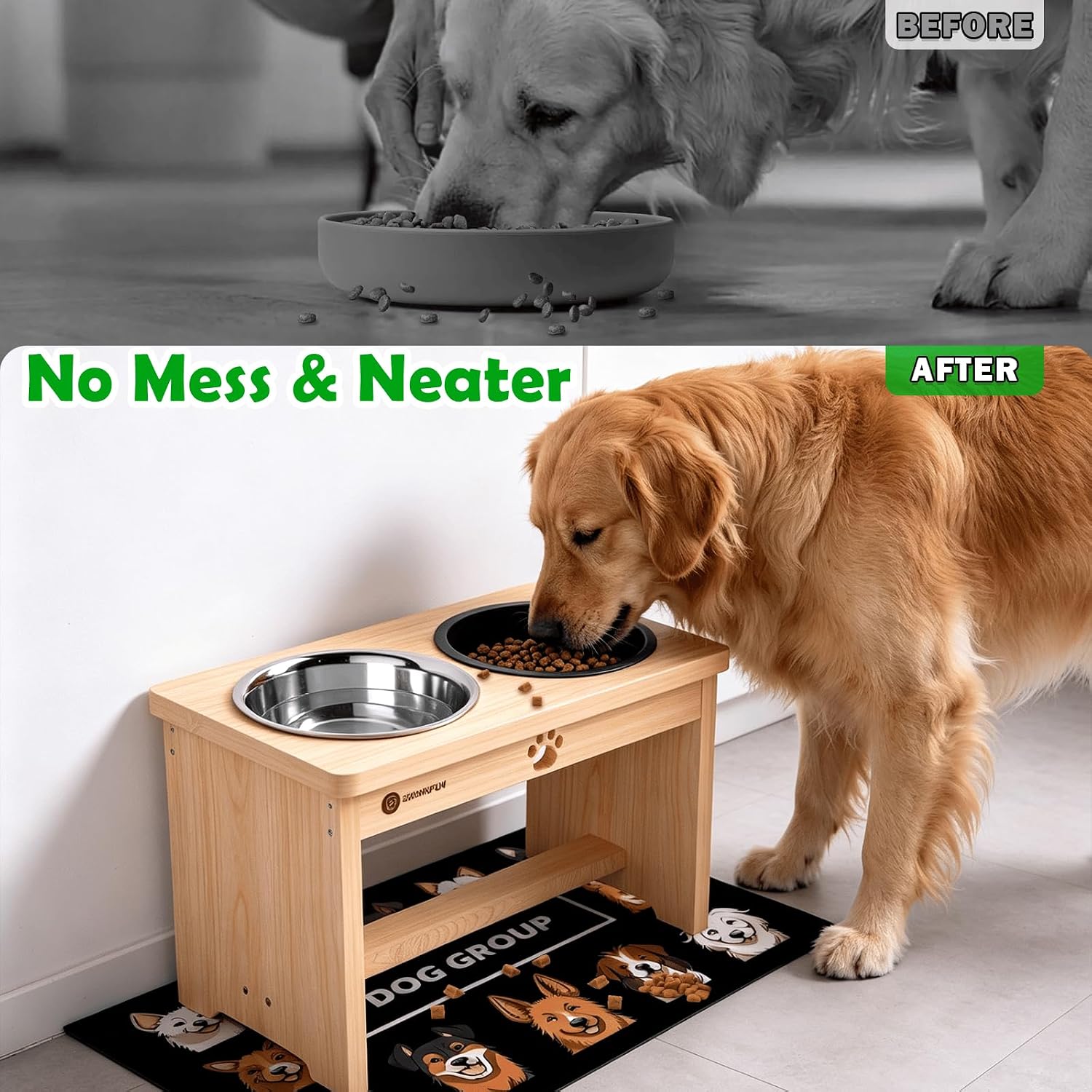 SHAINFUN Elevated Dog Bowls with Slow Feeder & Mat for Medium and Large Dogs, 10" Tall Wooden Raised Dog Bowl Stand, 2 Stainless Steel 58oz Bowls for Food & Water