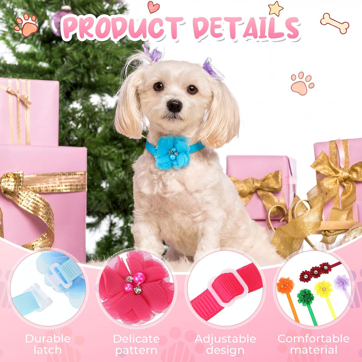 Reginary 100 Pcs Flowers Dog Collar Bulk Summer Floral Pet Bowtie Adjustable Nylon Multicolor Cat Accessory for Small Pets Dog Cat