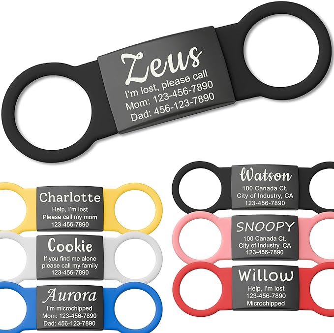 Anavia Slide On Silent Pet ID Tags, S/M/L/XL Personalized Black Stainless Steel Colored Silicone Cat Dog Name Tag, Customized Engraved Nameplate, Quiet Chew-Proof Pet Collar Tag (Black, Large)