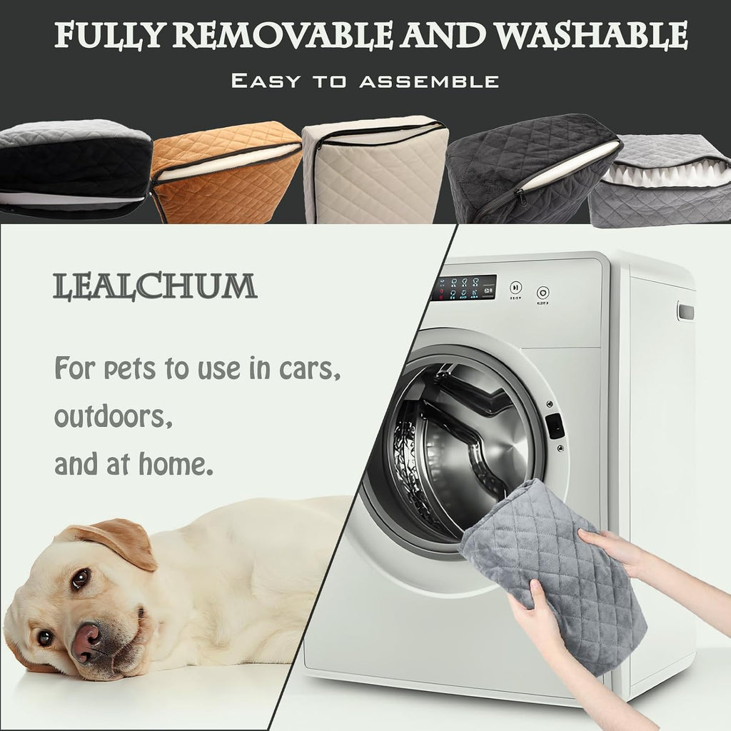 Lealchum Dog Booster Car Seat for S/M Dogs Up to 35lbs,Soft 6in Elevated Cushion,Fits in Front/Back Seat,Fully Detachable and Washable,2 Storage Pockets & 3 Straps,Easy to Install (Black/Brown,Medium)