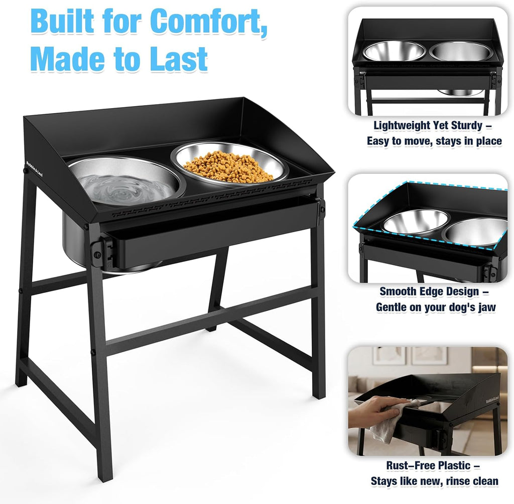 Bobbie & Laxi 15" Tilted Elevated Dog Bowl, Spill-Proof with Plastic Guard | Raised Dog Bowl with Stand;Stainless Steel Dog Food Bowl & Water Bowl Set with Raised Splash Wall;Easy Clean Large Dog Bowl