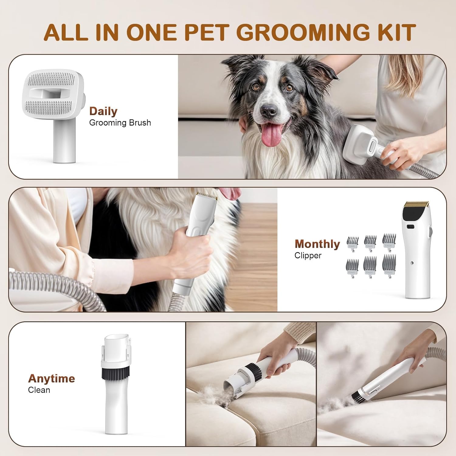 Dog Grooming Kit, 3 Suction Modes Dog Brush Vacuum with 6 Pet Grooming Tools (Eggshell)