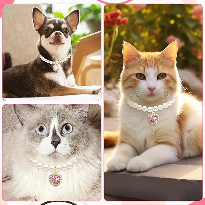 2pcs Cute Girl Cat Collar, Fancy Dog Pearl Necklace Collars Adjustable Pearl Dog Cats Collars with Small Heart Shape Rhinestone for Small Dogs and Cats, Pink Heart + White Heart